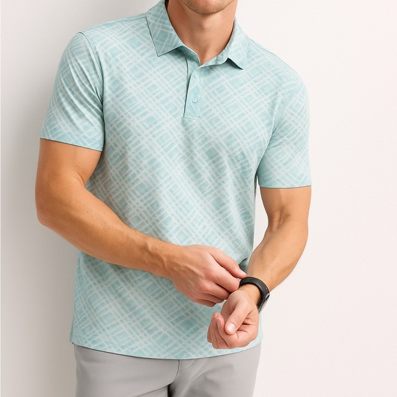 Hickey Freeman Golf Shirt Men XL Teal Geometric Performance Polo Stretch - Picture 1 of 9